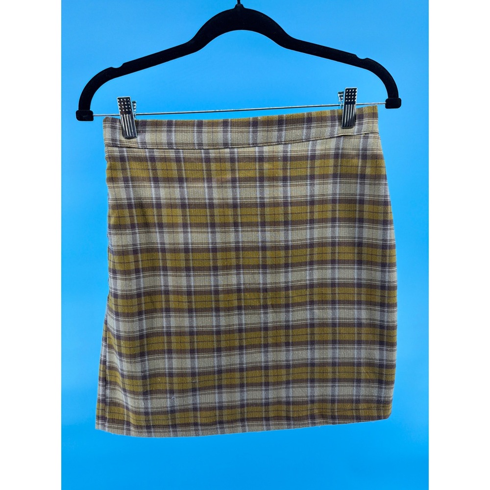 GUANYY Plaid Mini Skirt Mustard Yellow Brown Check Elastic Waist Size M